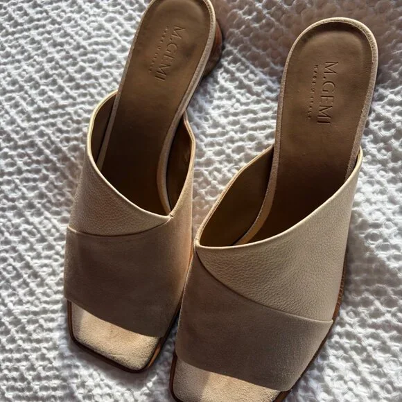 M.Gemi Made in Italy Leather Slide Sandals 42 Beige Square Toe Block Heel Mule - Picture 5 of 10
